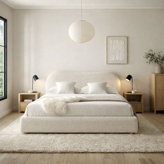 contemporary curved bed frame with fully upholstered base and minimalist design