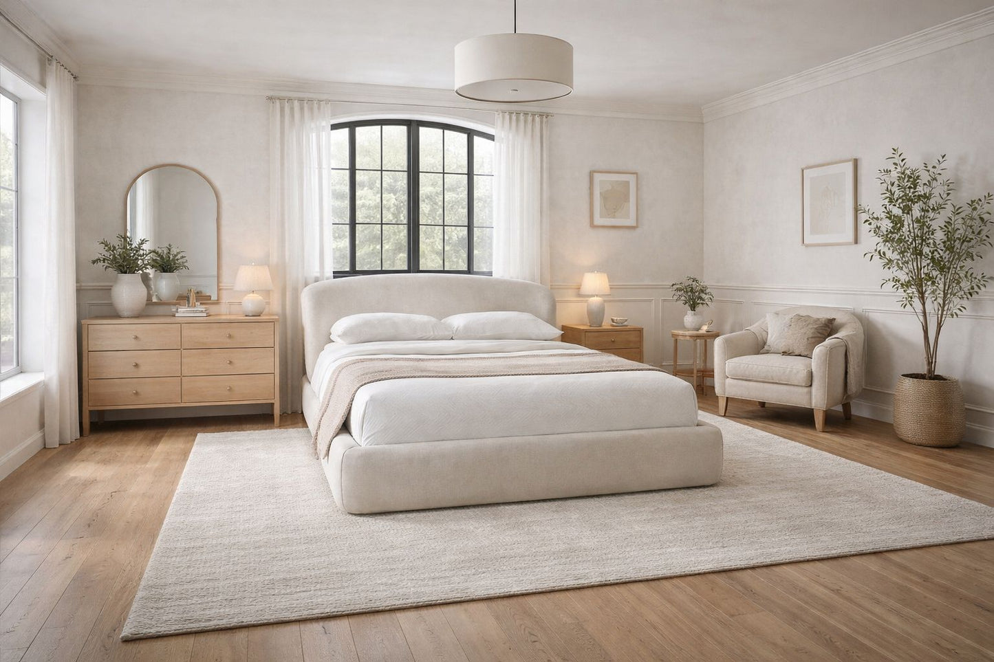 Low Profile Upholstered Frame with Clean Soft Lines
Alt text: minimalist upholstered bed with curved headboard and neutral fabric
