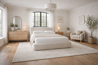 Low Profile Upholstered Frame with Clean Soft Lines
Alt text: minimalist upholstered bed with curved headboard and neutral fabric

