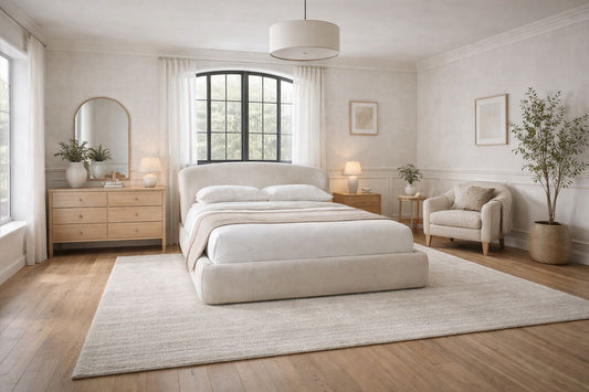 Low Profile Upholstered Frame with Clean Soft Lines
Alt text: minimalist upholstered bed with curved headboard and neutral fabric
