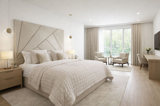 contemporary bed with angled panel headboard and soft neutral upholstery

