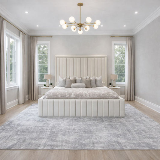 contemporary bed with vertical panel headboard and clean lined base