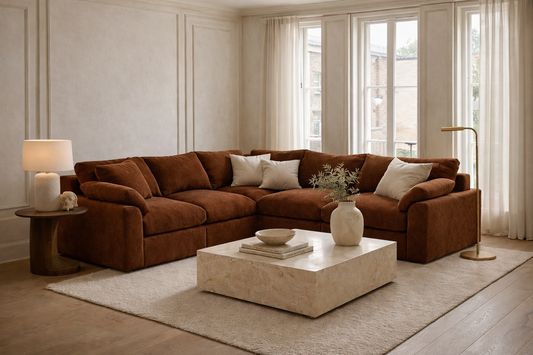 oversized corner sofa delivered flat packed with deep cushions and symmetrical layout
