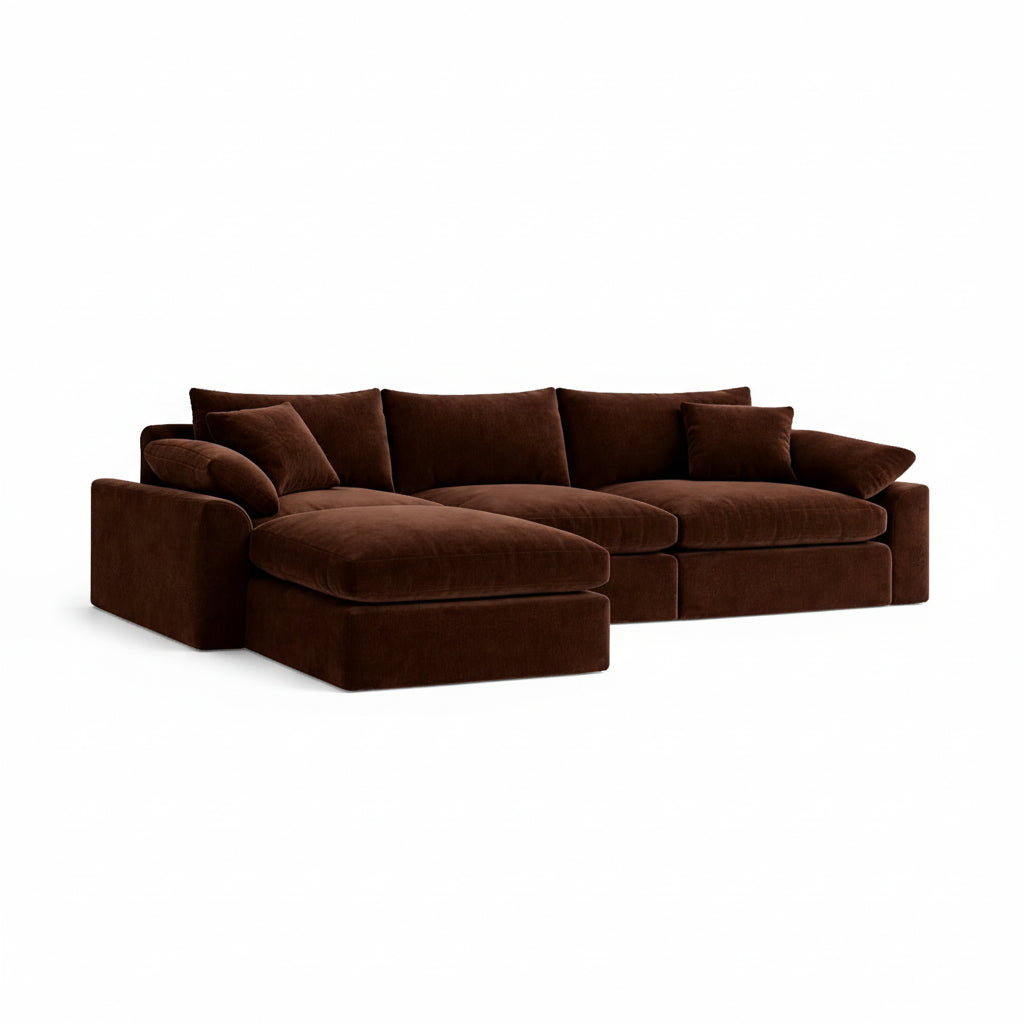 modular chaise sofa delivered flat packed with deep cushions and contemporary styling
