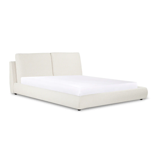 modern fabric bed with minimalist headboard and refined base