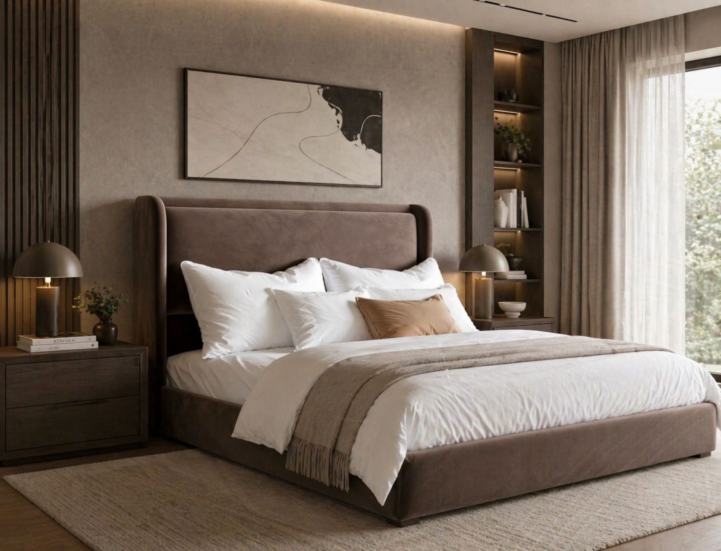 Modern Orvello bed with neutral fabric upholstery and minimalist contemporary silhouette
