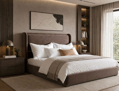 Modern Orvello bed with neutral fabric upholstery and minimalist contemporary silhouette
