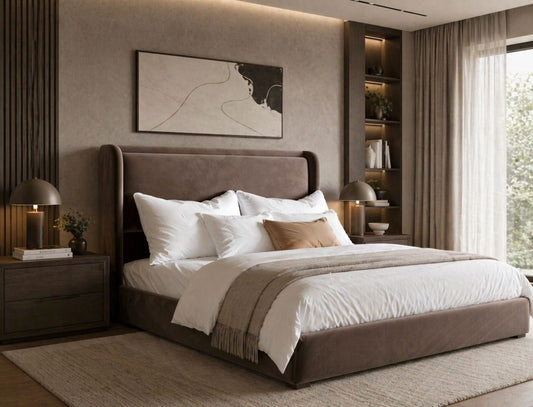 Modern Orvello bed with neutral fabric upholstery and minimalist contemporary silhouette
