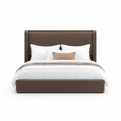 Orvello bed featuring a softly curved upholstered headboard with a low-profile modern frame

