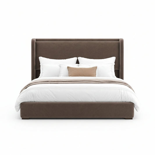 Orvello bed featuring a softly curved upholstered headboard with a low-profile modern frame
