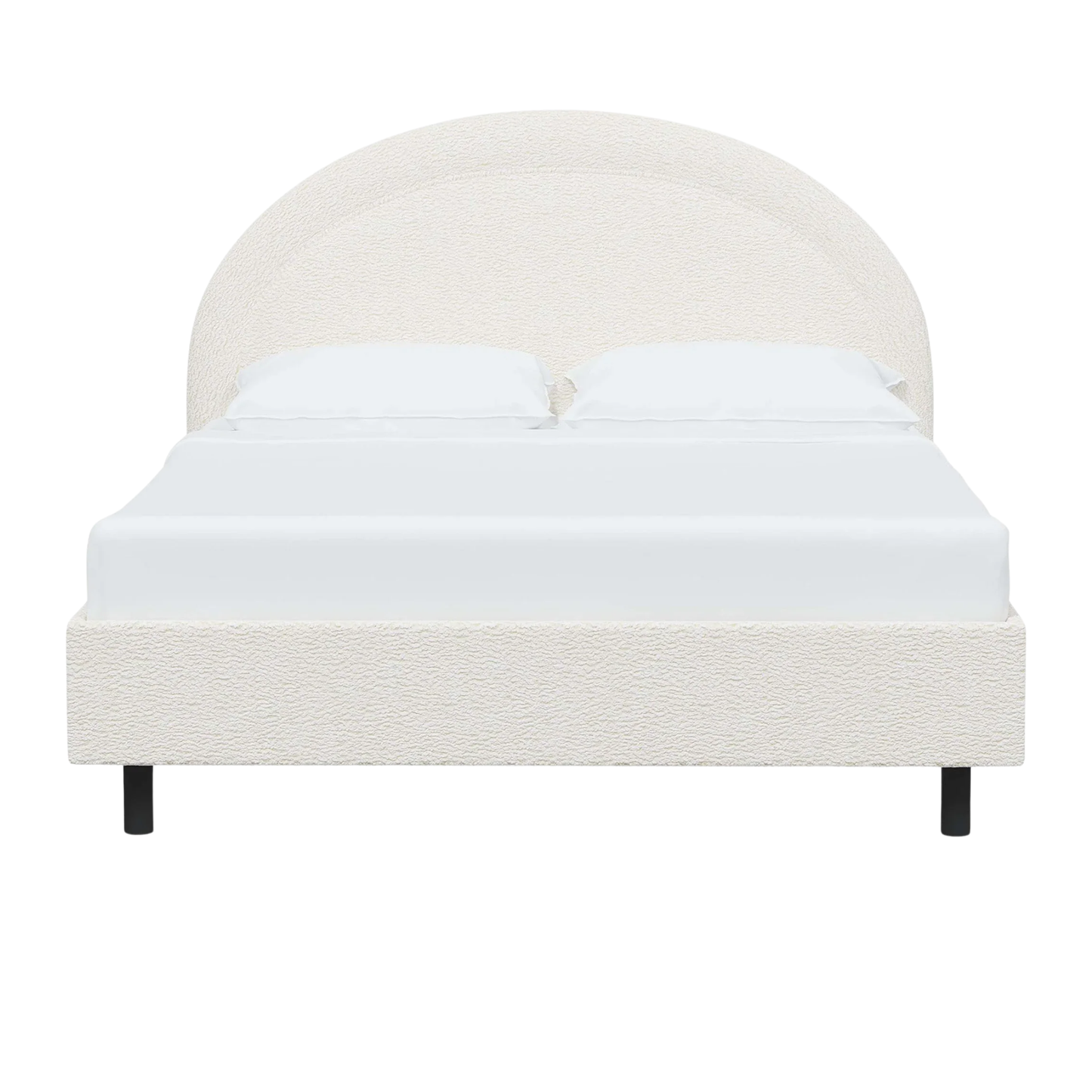 modern bed with a rounded headboard and clean silhouette