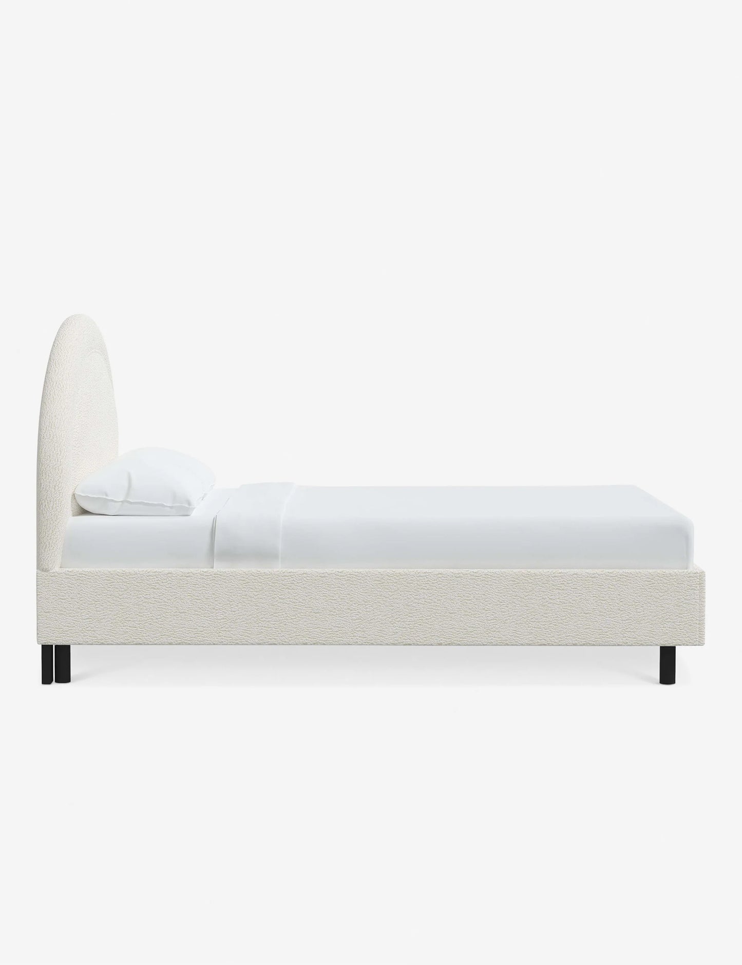 contemporary bed with bold headboard and neutral fabric