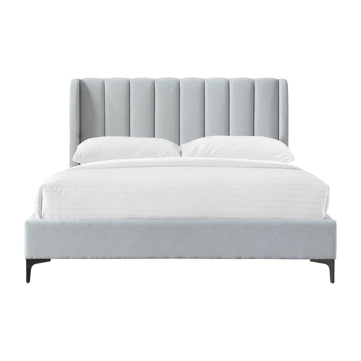 contemporary upholstered bed with refined design and neutral fabric