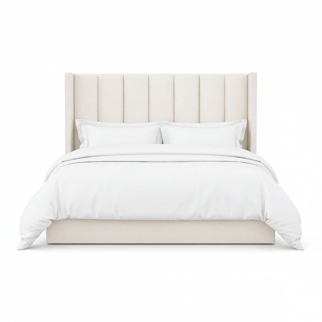 Selvara bed with tall vertically panelled upholstered headboard in a modern bedroom style

