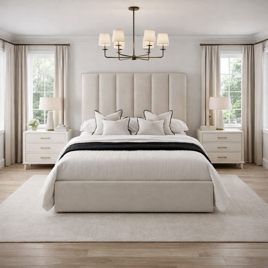 modern bed with tall panelled headboard and low profile upholstered base