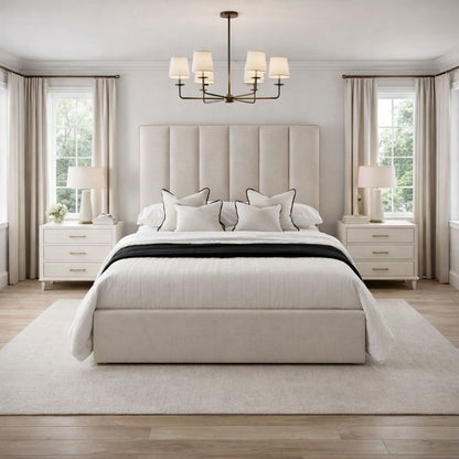  modern bed with tall panelled headboard and low profile upholstered base