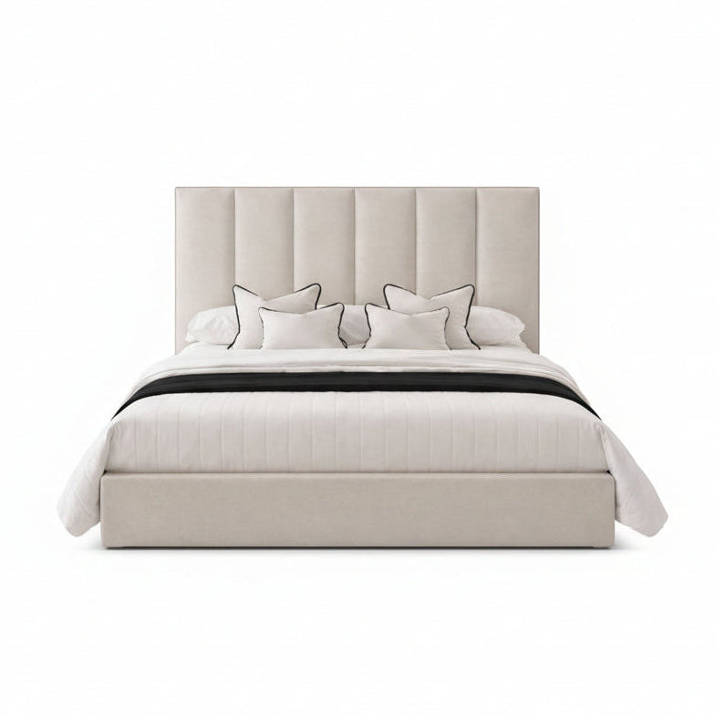 seren bed with tall vertical panel headboard and soft upholstered base