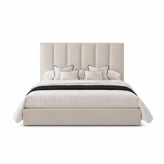 seren bed with tall vertical panel headboard and soft upholstered base