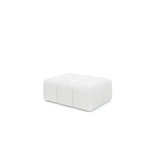 A white square-shaped footstool with hidden feet and a solid hardwood frame, part of the Sienna Modular Collection.
