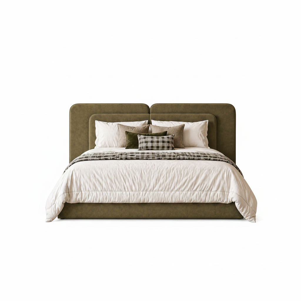 Soho bed featuring a double-panel padded headboard with softly rounded edges
