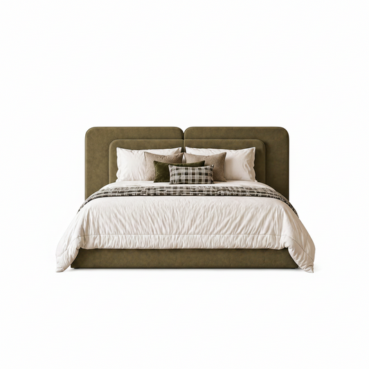 Soho bed featuring a double-panel padded headboard with softly rounded edges
