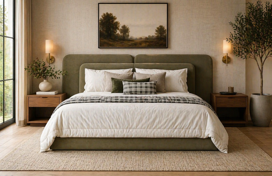 Modern Soho bed frame with thick cushioned headboard and minimalist luxury design