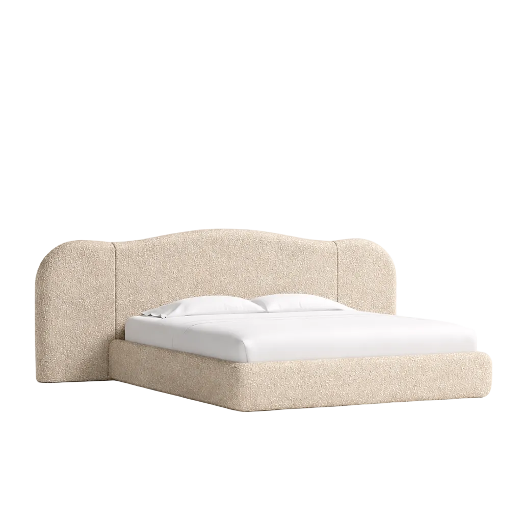 Elegant minimalist bed with smooth curved edges and fully upholstered frame in light tone fabric