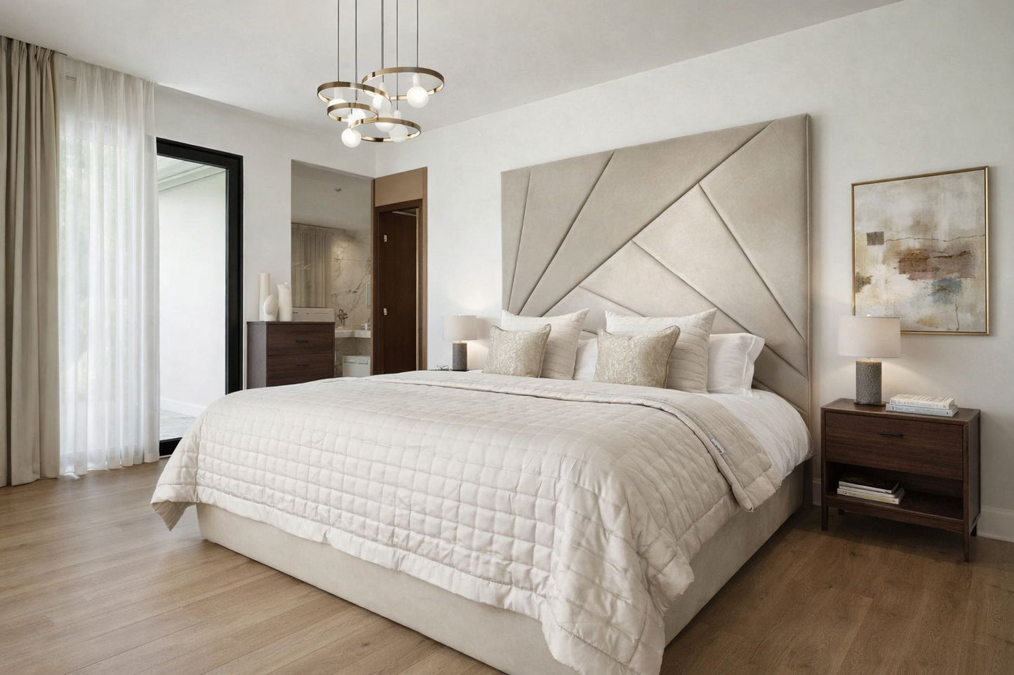  modern upholstered bed with faceted headboard design and clean base