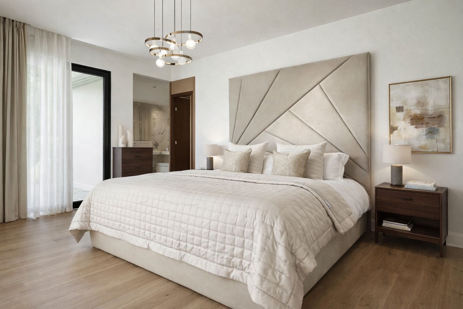  modern upholstered bed with faceted headboard design and clean base
