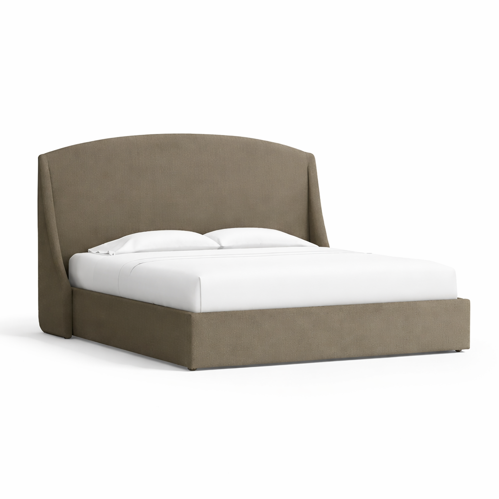 contemporary bed with curved headboard and soft winged edges
