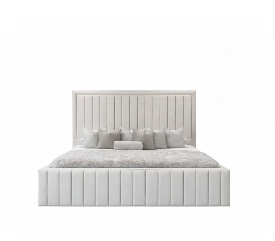 vano bed with vertical channelled headboard and upholstered base