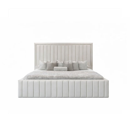 vano bed with vertical channelled headboard and upholstered base