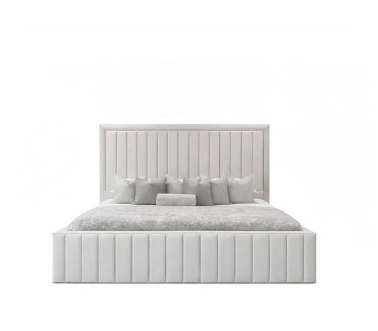 vano bed with vertical channelled headboard and upholstered base