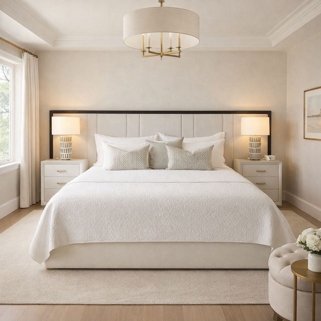 contemporary bed with structured headboard and tailored upholstered base
