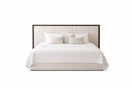 vito upholstered bed with slim minimalist headboard and low profile base