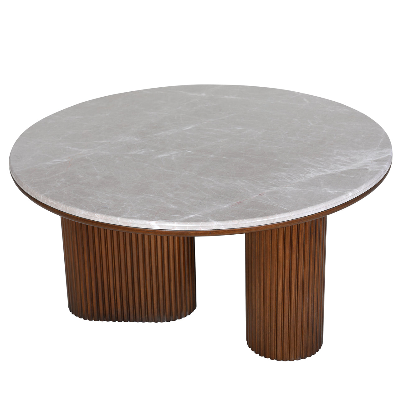 Round marble coffee table with wooden base on a white background