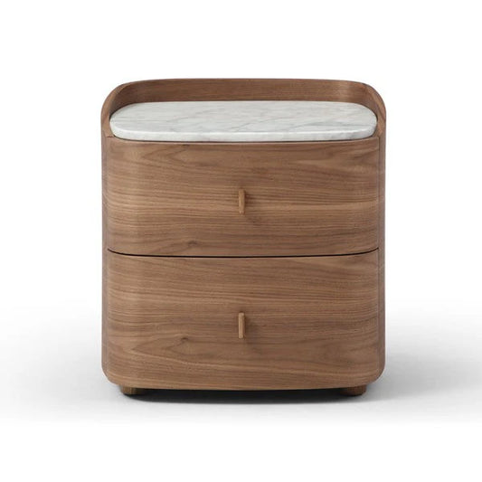 Wooden nightstand with marble top on a white background
