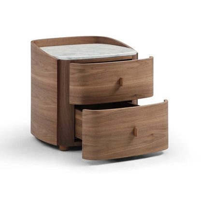 Wooden nightstand with marble top on a white background