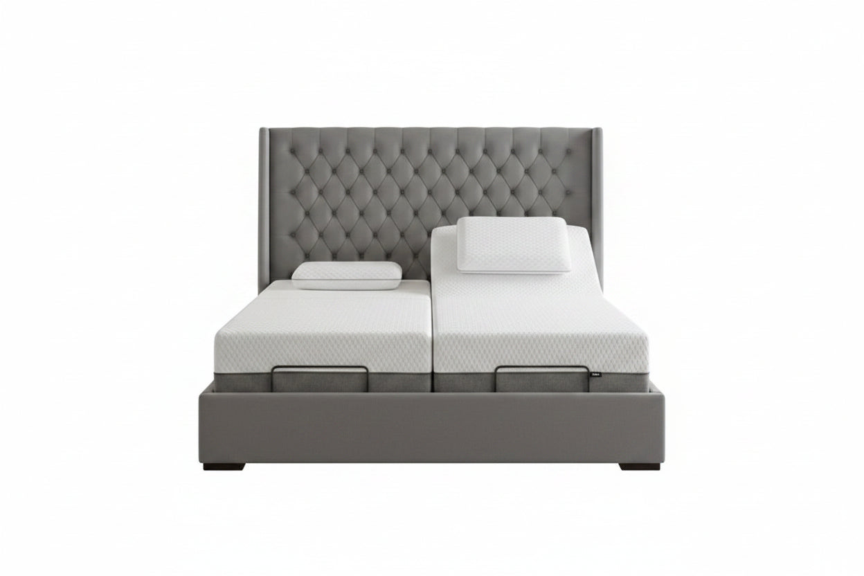 ZARO adjustable bed with tufted upholstered headboard and winged sides in a luxury design
