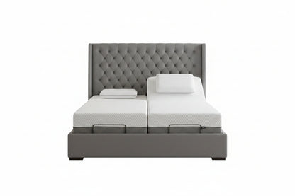 ZARO adjustable bed with tufted upholstered headboard and winged sides in a luxury design
