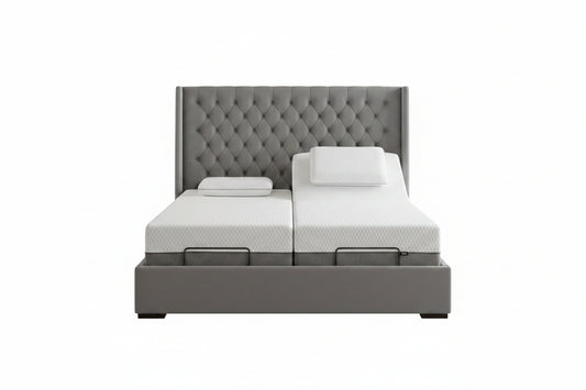 ZARO adjustable bed with tufted upholstered headboard and winged sides in a luxury design
