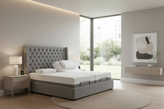 Modern ZARO adjustable bed with soft-touch upholstery and dual motor adjustable base system
