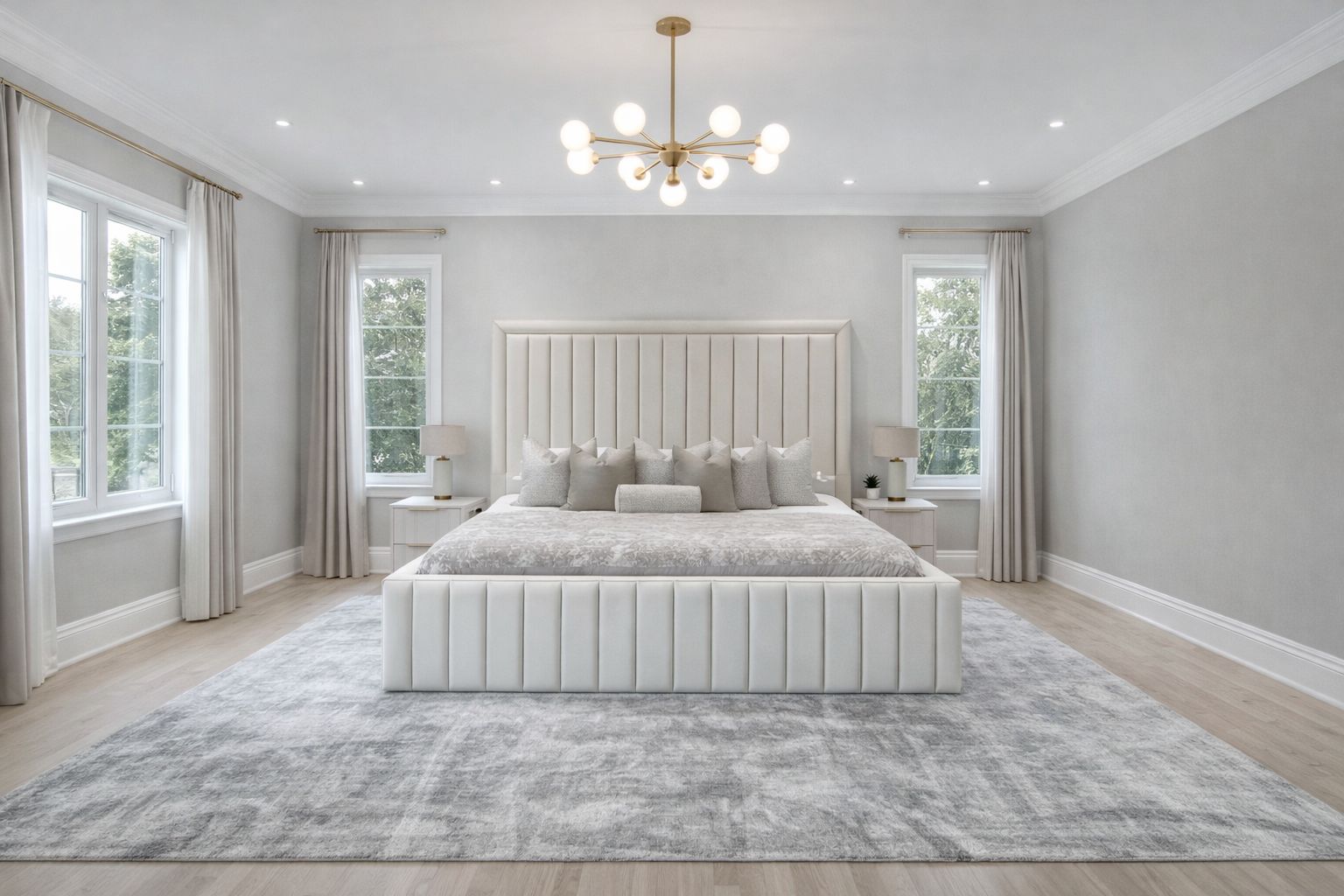 upholstered bed with vertical channelling and neutral fabric finish