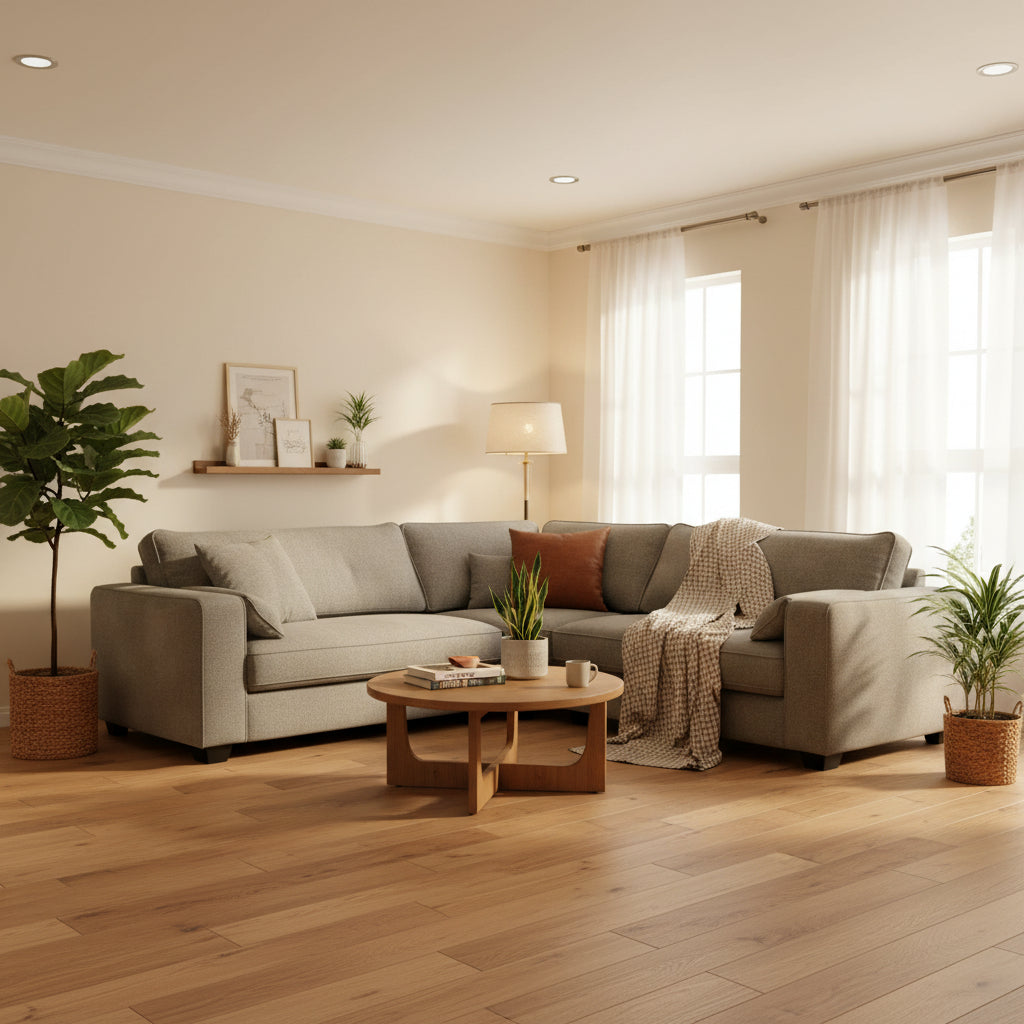 modern corner sofa with structured arms and deep comfortable seating
